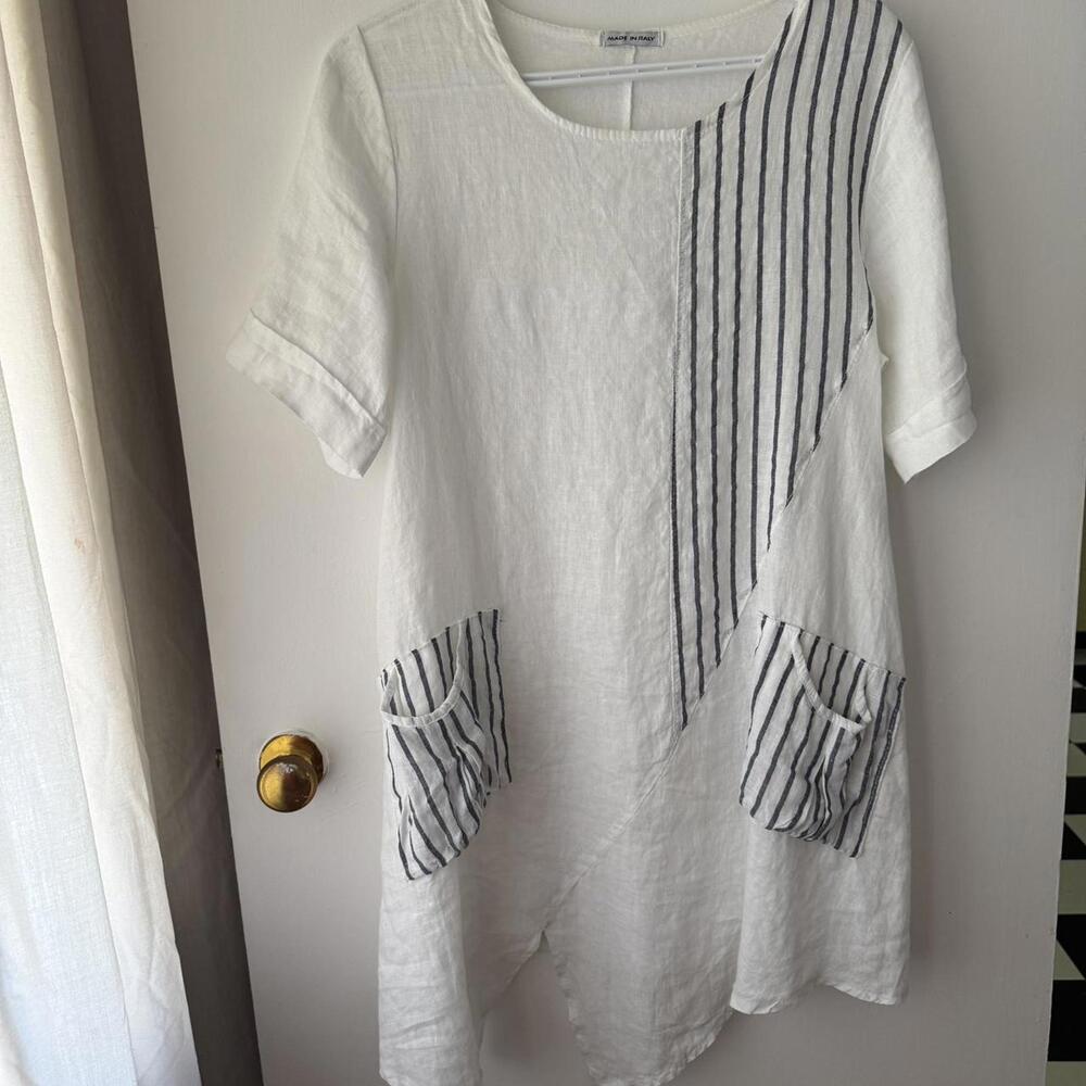 Italy white & stripes linen asymmetrical t shirt dress one size dresses NEW
